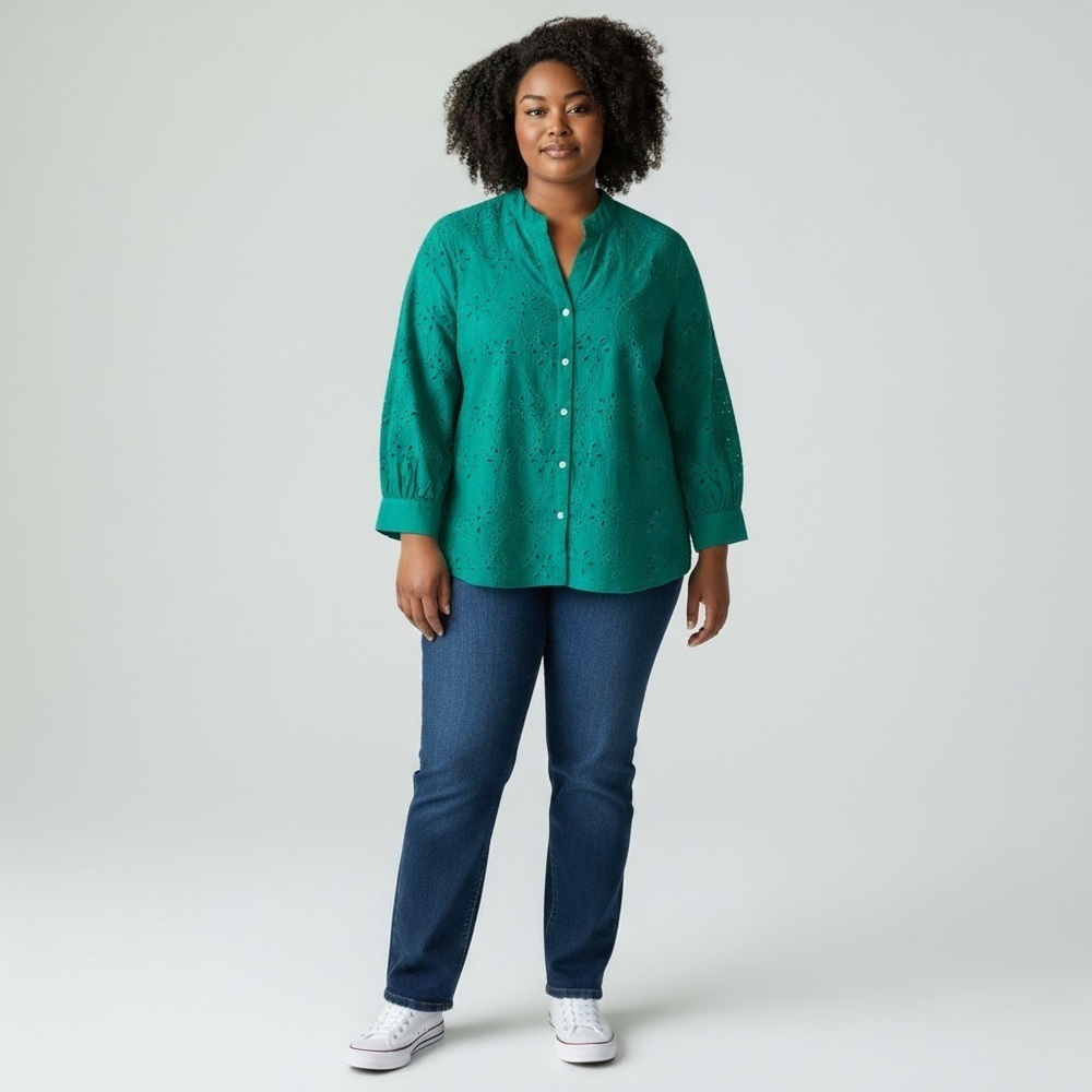J. Jill Plus Size 2X Green Eyelet Lace Button Front Long Sleeve V Neck Top